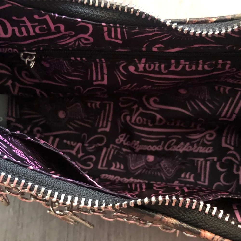 Von Dutch Tree Camo Shoulder Bag Pink Logo & Von Dutch Logo Chain Accent NWT - Picture 15 of 16